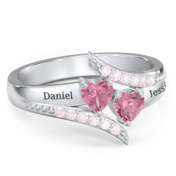 Flared Bypass Ring with Heart Gemstones and Accents in 925 Sterling Silver with Pink Tourmaline and Fancy Pink Premium Zirconia