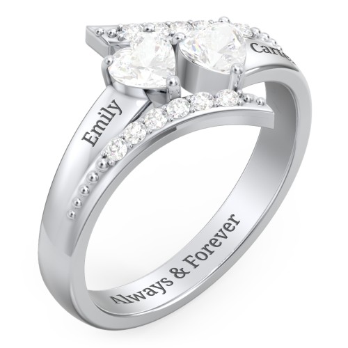 Flared Bypass Ring with Heart Gemstones and Accents – Sterling Silver with Cubic Zirconia and White Premium Zirconia