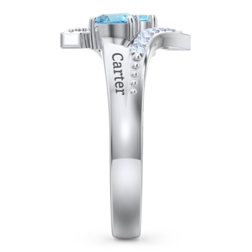 Flared Bypass Ring with Heart Gemstones and Accents – Sterling Silver with Blue Topaz and Fancy Blue Premium Zirconia