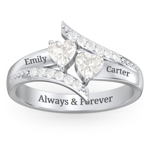 Flared Bypass Ring with Heart Gemstones and Accents – Sterling Silver with Cubic Zirconia and White Premium Zirconia