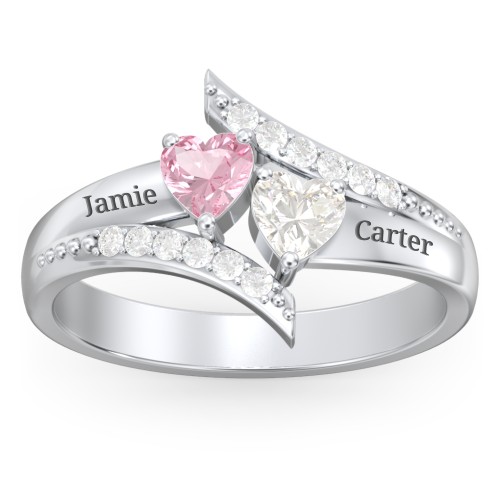 Flared Bypass Ring with Heart Gemstones and Accents – Sterling Silver with Pink Tourmaline, Cubic Zirconia, and White Premium Zirconia