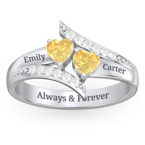 Flared Bypass Ring with Heart Gemstones and Accents – Sterling Silver with Citrine and White Premium Zirconia