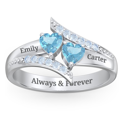 Flared Bypass Ring with Heart Gemstones and Accents – Sterling Silver with Blue Topaz and Fancy Blue Premium Zirconia