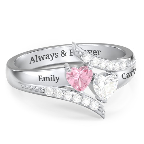Flared Bypass Ring with Heart Gemstones and Accents – Sterling Silver with Pink Tourmaline, Cubic Zirconia, and White Premium Zirconia