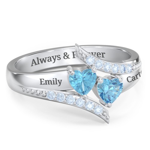 Flared Bypass Ring with Heart Gemstones and Accents – Sterling Silver with Blue Topaz and Fancy Blue Premium Zirconia