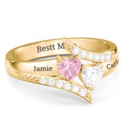 Flared Bypass Ring with Heart Gemstones and Accents in 10K Solid Yellow Gold