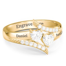 Flared Bypass Ring with Heart Gemstones and Accents in 10K Solid Yellow Gold with Cubic Zirconia and White Premium Zirconia