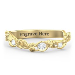 Leaf Band Ring with Gemstones in 10K Solid Yellow Gold with Cubic Zirconia