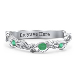 Leaf Band Ring with Gemstones in 925 Sterling Silver with Emerald