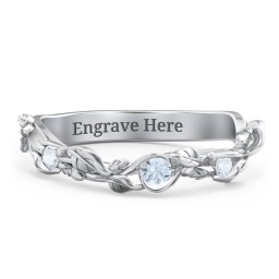 Leaf Band Ring with Gemstones in 925 Sterling Silver with Aquamarine