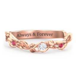 Leaf Band Ring with Gemstones in 10K Solid Rose Gold with Cubic Zirconia and Garnet
