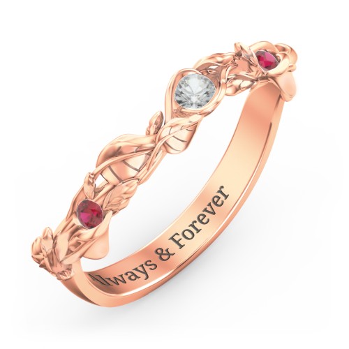 Leaf Band Ring with Gemstones – 10K Rose Gold with Cubic Zirconia and Garnet