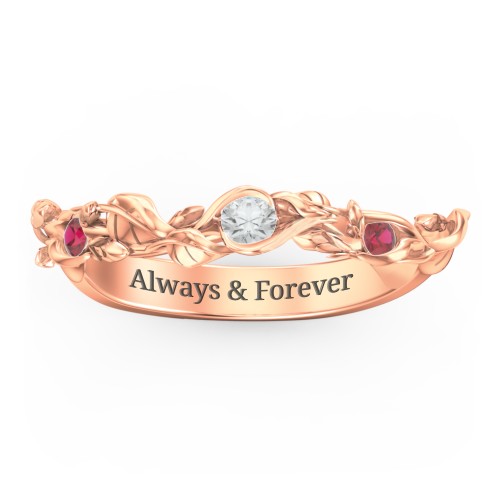 Leaf Band Ring with Gemstones – 10K Rose Gold with Cubic Zirconia and Garnet