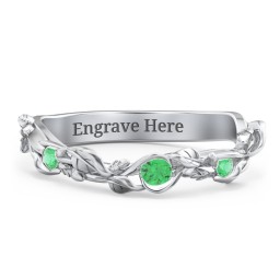 Leaf Band Ring with Gemstones in 925 Sterling Silver with Emerald