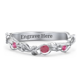 Leaf Band Ring with Gemstones in 925 Sterling Silver with Ruby