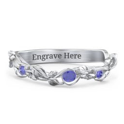 Leaf Band Ring with Gemstones in 925 Sterling Silver with Blue Sapphire