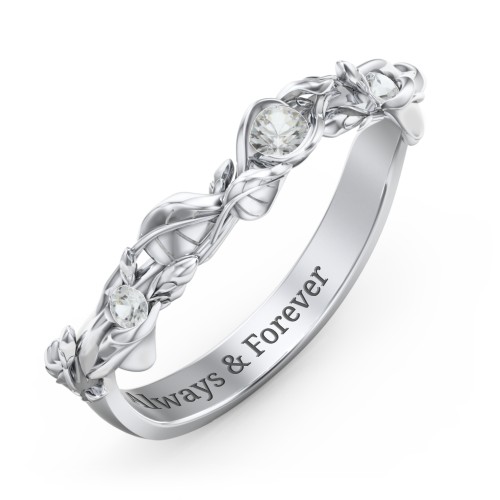 Leaf Band Ring with Gemstones – Sterling Silver with Cubic Zirconia