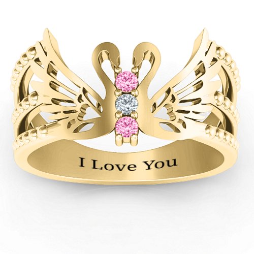 Sparkling Swan Ring – 10K Yellow Gold with Pink Tourmaline and Cubic Zirconia