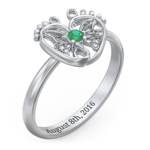 Butterfly Baby Feet Ring – Sterling Silver with Emerald