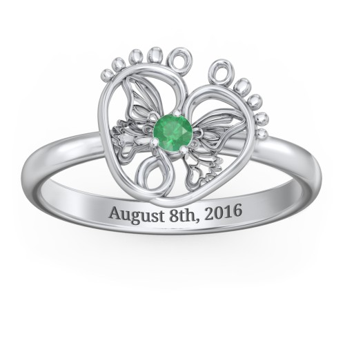 Butterfly Baby Feet Ring – Sterling Silver with Emerald
