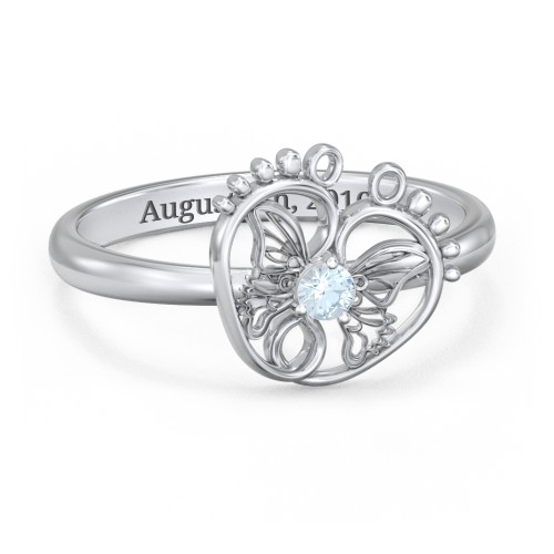 Butterfly Baby Feet Ring – Sterling Silver with Aquamarine