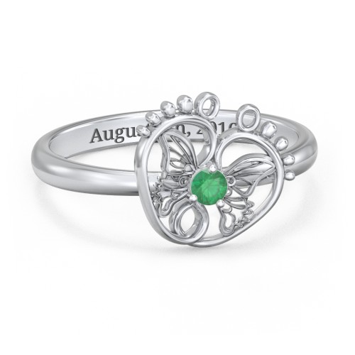 Butterfly Baby Feet Ring – Sterling Silver with Emerald