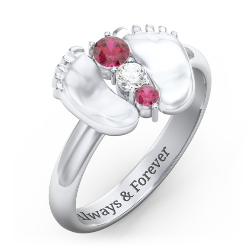 Baby Feet Birthstone Ring – Sterling Silver with Ruby and Cubic Zirconia