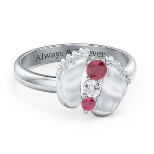Baby Feet Birthstone Ring – Sterling Silver with Ruby and Cubic Zirconia