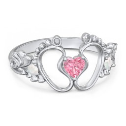 Baby Footprints Ring with Heart Cut Gemstone and Accents
