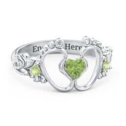 Baby Footprints Ring with Heart Cut Gemstone and Accents