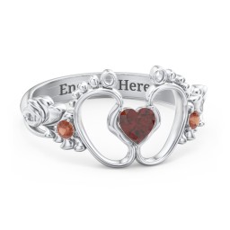 Baby Footprints Ring with Heart Cut Gemstone and Accents in 925 Sterling Silver