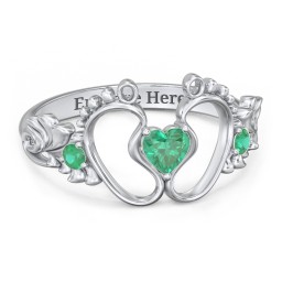 Baby Footprints Ring with Heart Cut Gemstone and Accents in 925 Sterling Silver with Emerald