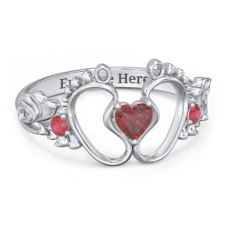 Baby Footprints Ring with Heart Cut Gemstone and Accents in 925 Sterling Silver