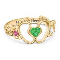 Baby Footprints Ring with Heart Cut Gemstone and Accents in 10K Solid Yellow Gold with Emerald, Ruby, and Cubic Zirconia