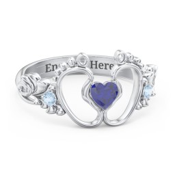 Baby Footprints Ring with Heart Cut Gemstone and Accents in 10K Solid White Gold