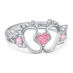 Baby Footprints Ring with Heart Cut Gemstone and Accents in 925 Sterling Silver with Pink Tourmaline