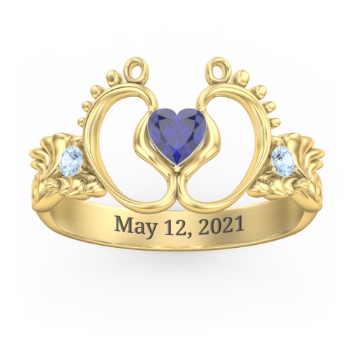 Baby Footprints Ring with Heart Cut Gemstone and Accents