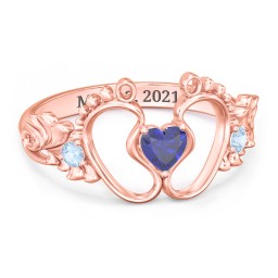 Baby Footprints Ring with Heart Cut Gemstone and Accents in 10K Solid Rose Gold with Blue Sapphire and Blue Topaz