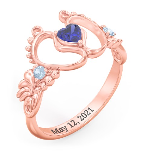 Baby Footprints Ring with Heart Cut Gemstone and Accents – 10K Rose Gold with Blue Sapphire and Blue Topaz