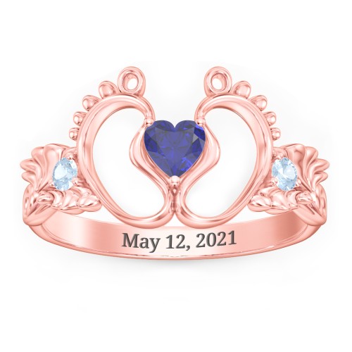 Baby Footprints Ring with Heart Cut Gemstone and Accents – 10K Rose Gold with Blue Sapphire and Blue Topaz