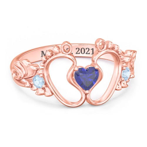 Baby Footprints Ring with Heart Cut Gemstone and Accents – 10K Rose Gold with Blue Sapphire and Blue Topaz