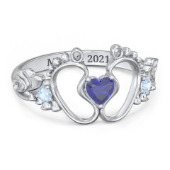 Baby Footprints Ring with Heart Cut Gemstone and Accents – Sterling Silver with Blue Sapphire and Blue Topaz