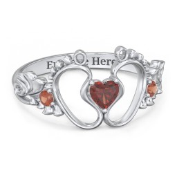 Baby Footprints Ring with Heart Cut Gemstone and Accents in 925 Sterling Silver with Garnet