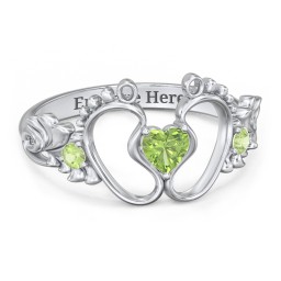 Baby Footprints Ring with Heart Cut Gemstone and Accents in 925 Sterling Silver with Peridot