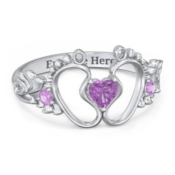 Baby Footprints Ring with Heart Cut Gemstone and Accents in 925 Sterling Silver with Amethyst