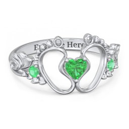 Baby Footprints Ring with Heart Cut Gemstone and Accents in 925 Sterling Silver with Emerald