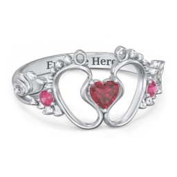 Baby Footprints Ring with Heart Cut Gemstone and Accents in 925 Sterling Silver with Ruby