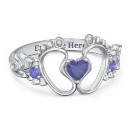 Baby Footprints Ring with Heart Cut Gemstone and Accents in 925 Sterling Silver with Blue Sapphire