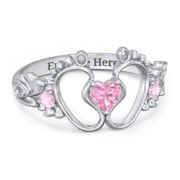 Baby Footprints Ring with Heart Cut Gemstone and Accents in 925 Sterling Silver with Pink Tourmaline
