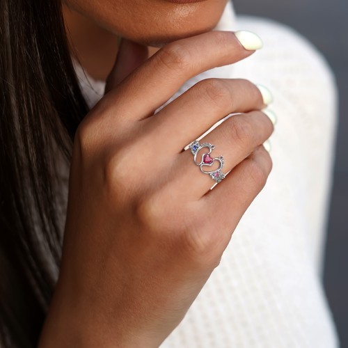 Baby Footprints Ring with Heart Cut Gemstone and Accents – Sterling Silver with Blue Sapphire and Blue Topaz